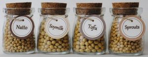 Two jars of soybeans are labeled tofu and soymilk.